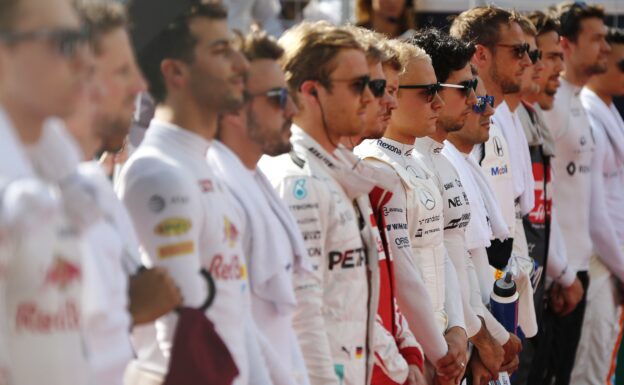 Baku City Circuit, Baku, Azerbaijan. Valtteri Bottas, Williams Martini Racing, and Felipe Massa, Williams Martini Racing, with the rest of the drivers stand during the national anthem.