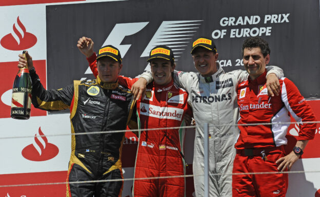 Kimi Raikkonen, Fernando Alonso and Michael Schumacher (his last podium)