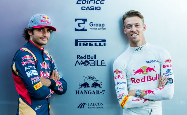 SPA, BELGIUM F1/2016: Carlos Sainz with Daniil Kyvat both of Scuderia Toro Rosso during previews.