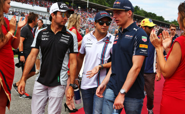 Sergio Perez - Sahara Force India F1; Felipe Massa - Williams; and Max Verstappen - Red Bull Racing; on the drivers parade. German GP F1/2016