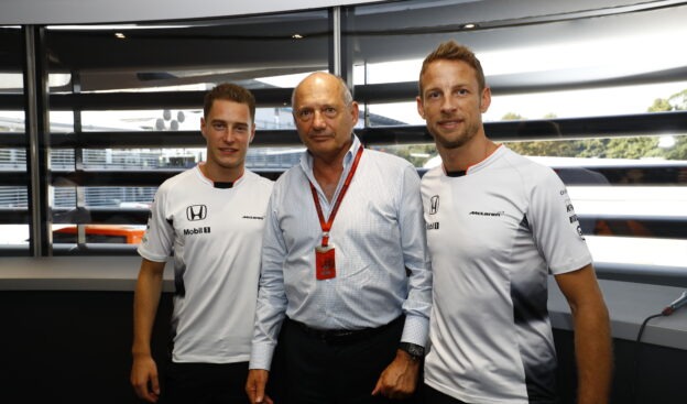 Ron Dennis, Executive Chairman, McLaren Automotive, with Stoffel Vandoorne, Test and Reserve Driver. and Jenson Button at the announcement that Jenson will step down from a race seat in 2017. Stoffel Vandoorne will step up into a race seat.