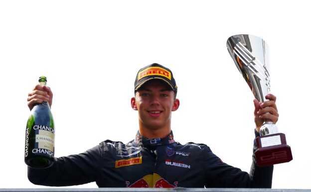 MONZA, ITALY GP2/2016: Pierre Gasly of France and Prema Racing celebrates on the podium after finishing second.