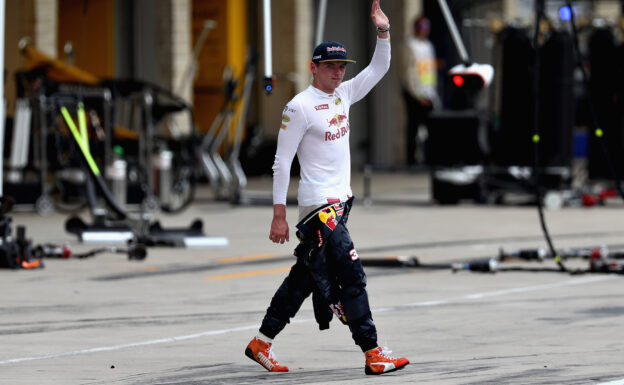 Max Verstappen of Netherlands and Red Bull Racing waves to the fans from the pitlane during the United States Formula One Grand Prix 2016.