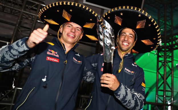 Daniel Ricciardo celebrates getting third position with Max Verstappen after Sebastian Vettel was given a 10 second penalty following a stewards enquiry during the Formula One Grand Prix of Mexico at Autodromo Hermanos Rodriguez 2016