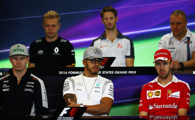 The FIA Press Conference: Kevin Magnussen; Romain Grosjean; Valtteri Bottas; Nico Hulkenberg; Lewis Hamilton; Sebastian Vettel. United States Grand Prix 2016.