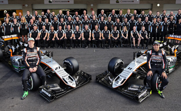 Nico Hulkenberg (GER) Sahara Force India F1 and team mate Sergio Perez (MEX) Sahara Force India F1 at a team photograph. Mexican Grand Prix 2016