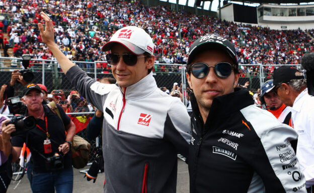 Esteban Gutierrez (MEX) Haas F1 Team with Sergio Perez (MEX) Sahara Force India F1 on the drivers parade. Mexican Grand Prix 2016