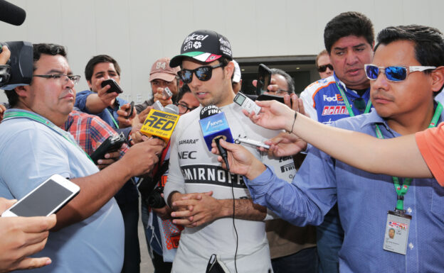 Sergio Perez (MEX) Sahara Force India F1 with the media. Mexican Grand Prix 2016