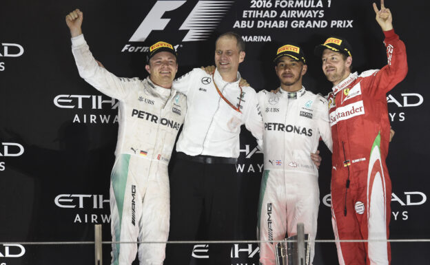 Winners on the podium Lewis Hamilton; Nico Rosberg;Sebastian Vettel GP ABU DHABI F1/2016