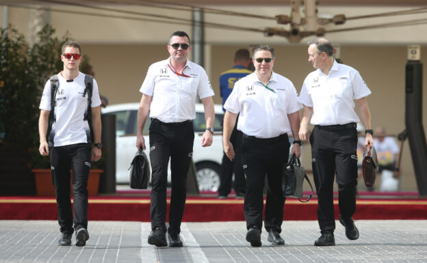 Stoffel Vandoorne, Eric Boullier, Zak Brown and Jonathan Neale in the paddock F1/2016 Abu Dhabi