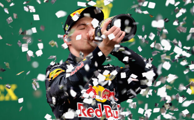 Max Verstappen finishing in third place on the podium during the Formula One Grand Prix of Brazil 2016