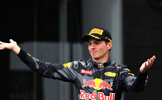 Max Verstappen finishing in third place on the podium during the Formula One Grand Prix of Brazil 2016