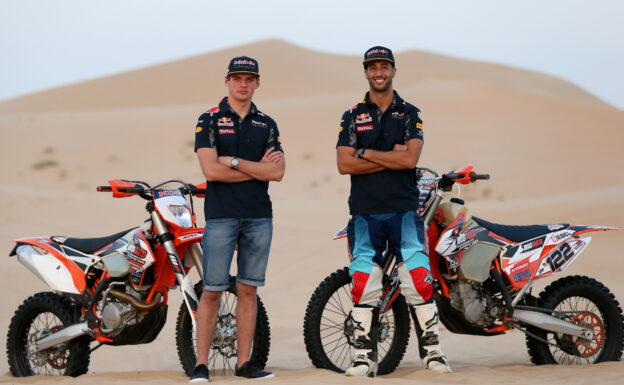 Max Verstappen and Daniel Ricciardo during the Red Bull Racing Sunset Sands in Abu Dhabi.