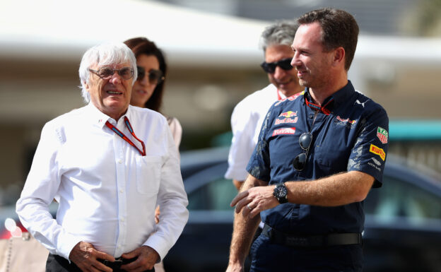 F1 supremo Bernie Ecclestone talks with Red Bull Racing Team Principal Christian Horner in the Paddock.