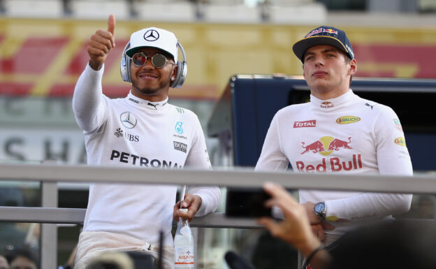 Lewis Hamilton and Max Verstappen on the drivers parade before the Abu Dhabi Formula One Grand Prix at Yas Marina circuit 2016