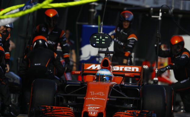 Fernando Alonso, McLaren MCL32 Honda, leaves the pits after a stop. Albert Park, Melbourne, Australia. Sunday 26 March 2017.