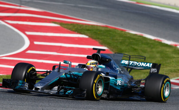 Lewis Hamilton, Mercedes W08 driving on Circuit de Catalunya, Spain.