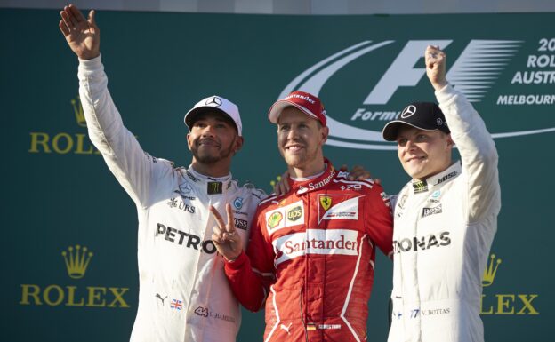 Winners on the podium Australian GP F1/2017 1.Sebastian Vettel 2.Lewis Hamilton, 3.Valtteri Bottas,