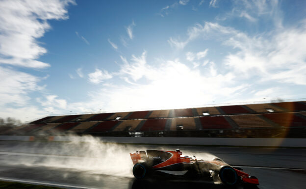 Stoffel Vandoorne testing the McLaren MCL32 in the wet on Circuit de Catalunya, near Barcelona, Spain.