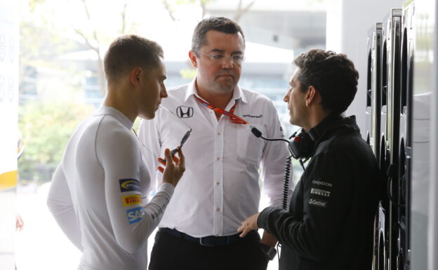 Shanghai International Circuit, Shanghai, China. Saturday 08 April 2017. Stoffel Vandoorne, McLaren, with Eric Boullier, Racing Director, McLaren.