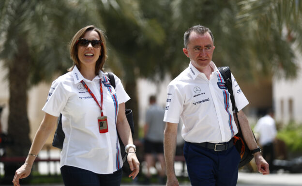 Bahrain International Circuit, Sakhir, Bahrain. Friday 14 April 2017. Claire Williams, Deputy Team Principal, Williams Martini Racing, with Paddy Lowe, Williams Martini Racing Formula 1.