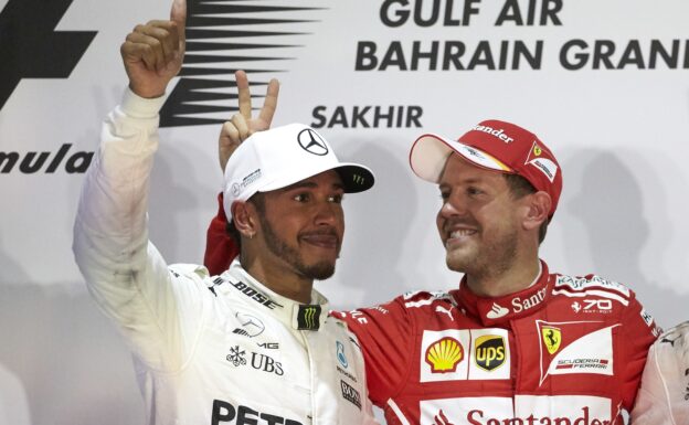 Formula One - Mercedes-AMG Petronas Motorsport, Bahrain GP 2017. Lewis Hamilton; Sebastian Vettel Ferrari