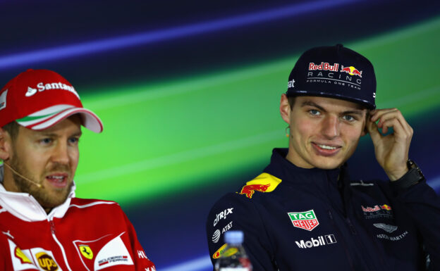 Max Verstappen of Red Bull Racing and Sebastian Vettel of Ferrari in the Drivers Press Conference during previews to the F1 GP of China at Shanghai International Circuit on April 6, 2017 in Shanghai, China.