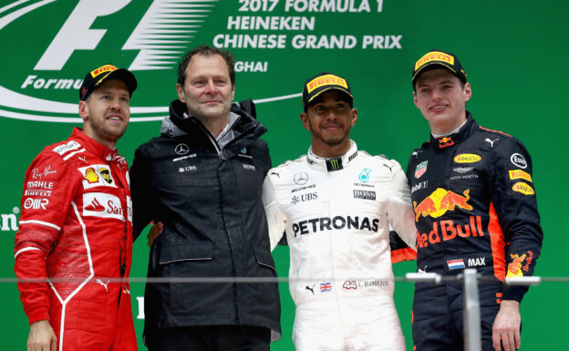 Race winner Lewis Hamilton second Sebastian Vettel of Germany and Ferrari and third placed finisher Max Verstappen on the podium during the Formula One Grand Prix of China at Shanghai International Circuit on April 9, 2017 in Shanghai, China.