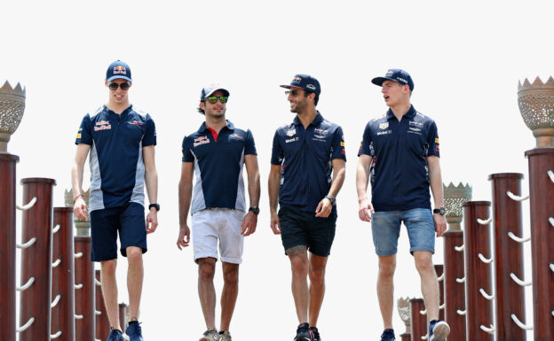 Daniil Kvyat, Carlos Sainz, Daniel Ricciardo and Max Verstappen walk during previews to the Bahrain Formula One Grand Prix at Bahrain International Circuit on April 13, 2017 in Bahrain, Bahrain.