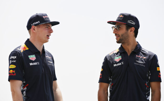 Max Verstappen and Daniel Ricciardo talk during previews to the Bahrain Formula One Grand Prix at Bahrain International Circuit on April 13, 2017 in Bahrain, Bahrain.