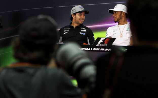 (L to R): Sergio Perez (MEX) Sahara Force India F1 and Lewis Hamilton (GBR) Mercedes AMG F1 in the FIA Press Conference. Bahrain Grand Prix, Thursday 13th April 2017. Sakhir, Bahrain.