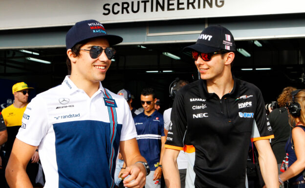 Lance Stroll (CDN) Williams with Esteban Ocon (FRA) Sahara Force India F1 Team on the drivers parade. Bahrain Grand Prix, Sunday 17th April 2017. Sakhir, Bahrain.