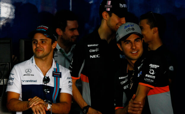 Felipe Massa (BRA) Williams with Esteban Ocon (FRA) Sahara Force India F1 Team and Sergio Perez (MEX) Sahara Force India F1 on the drivers parade. Bahrain Grand Prix, Sunday 17th April 2017. Sakhir, Bahrain.