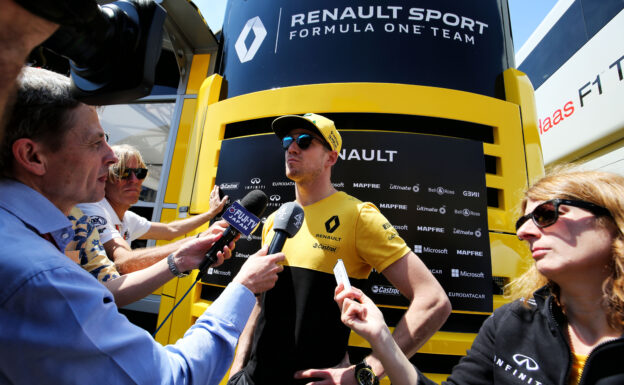 Nico Hulkenberg (GER) Renault Sport F1 Team with the media. Spanish Grand Prix, Thursday 11th May 2017. Barcelona, Spain.