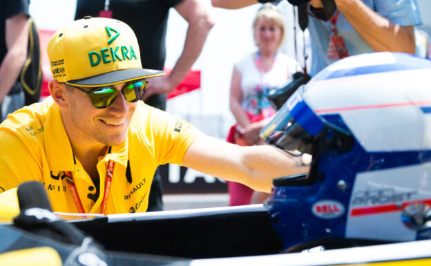 Alain Prost (FRA) Renault Sport F1 Team Special Advisor in the Renault RE40, with Nico Hulkenberg (GER) Renault Sport F1 Team. Monaco Grand Prix, Friday 26th May 2017. Monte Carlo, Monaco.