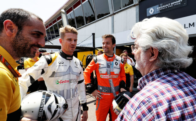 Cyril Abiteboul (FRA) Renault Sport F1 Managing Director with Nico Hulkenberg (GER) Renault Sport F1 Team; Jolyon Palmer (GBR) Renault Sport F1 Team; and George Lucas (USA) Star Wars Creator. Monaco Grand Prix, Sunday 28th May 2017. Monte Carlo, Monaco.