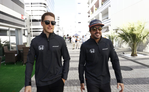 Sochi Autodrom, Sochi, Russia. Thursday 27 April 2017. Stoffel Vandoorne, McLaren, with Fernando Alonso, McLaren.