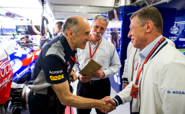 Franz Tost of Scuderia Toro Rosso and Austria with Chase Carey of Liberty Media and USA with Dmitriy Kozak, Deputy Prime Minister of Russia during qualifying for the Formula One Grand Prix of Russia on April 29, 2017 in Sochi, Russia.