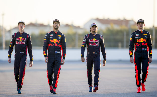 Daniel Ricciard - Max Verstappen of Red Bull Racing, Carlos Sainz - Daniil Kvyat of Scuderia Toro Rosso pose for a photo during previews to the Formula One Grand Prix of Russia on April 27, 2017 in Sochi, Russia.