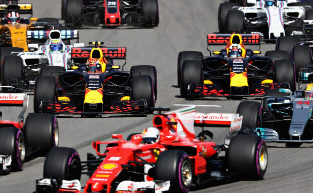 Max Verstappen of Red Bull Racing Red Bull-TAG Heuer RB13 TAG Heuer and Daniel Ricciardo of Australia driving the (3) Red Bull Racing Red Bull-TAG Heuer RB13 TAG Heuer at the start during the Formula One Grand Prix of Russia on April 30, 2017 in Sochi, Russia.