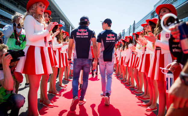 Daniil Kvyat of Scuderia Toro Rosso and Russia and Carlos Sainz of Scuderia Toro Rosso and Spain during the Formula One Grand Prix of Russia on April 30, 2017 in Sochi, Russia.