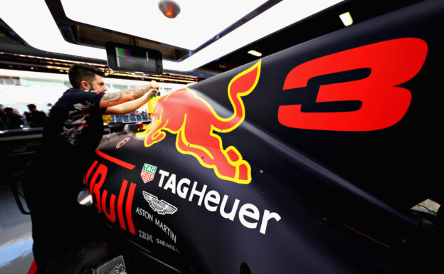 The number of Daniel Ricciardo of Red Bull Racing on the shark fin engine cover during previews for the Spanish Formula One Grand Prix at Circuit de Catalunya on May 11, 2017 in Montmelo, Spain.