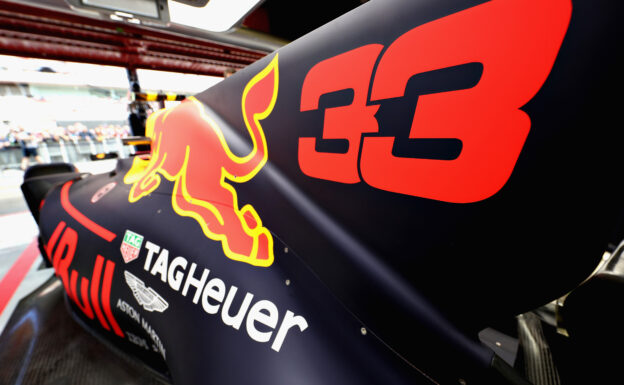 The racing number of Max Verstappen of Red Bull Racing on the shark fin engine cover during previews for the Spanish Formula One Grand Prix at Circuit de Catalunya on May 11, 2017 in Montmelo, Spain.