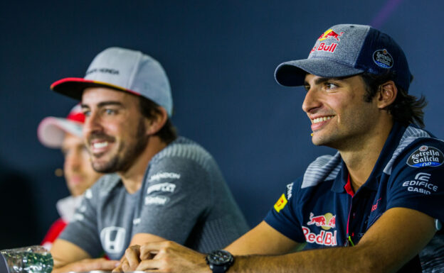 Carlos Sainz of Scuderia Toro Rosso & Fernando Alonso of McLaren during previews to the Spanish Formula One Grand Prix at Circuit de Catalunya on May 11, 2017 in Montmelo, Spain.