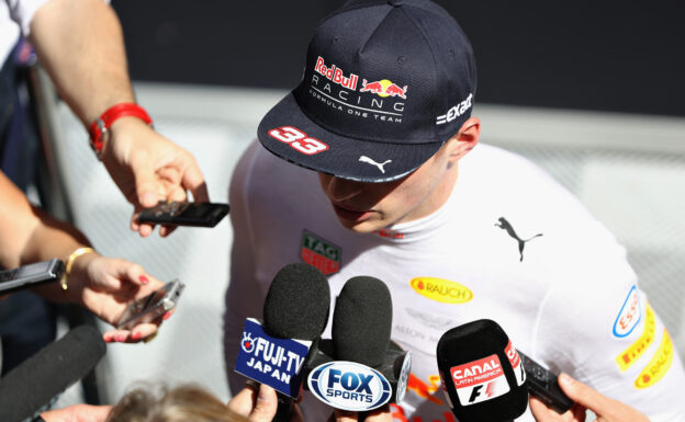 Max Verstappen of Netherlands and Red Bull Racing talks to the media during practice for the Spanish Formula One Grand Prix at Circuit de Catalunya on May 12, 2017 in Montmelo, Spain.