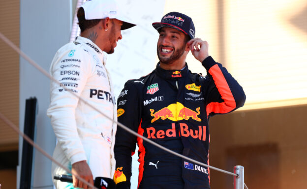 Daniel Ricciardo of Australia and Red Bull Racing and Lewis Hamilton of Great Britain and Mercedes GP talk on the podium during the Spanish Formula One Grand Prix at Circuit de Catalunya on May 14, 2017 in Montmelo, Spain.