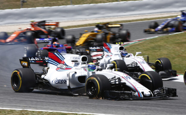 Circuit de Catalunya, Barcelona, Spain. Sunday 14 May 2017. Felipe Massa, Williams FW40 Mercedes, leads Lance Stroll, Williams FW40 Mercedes.