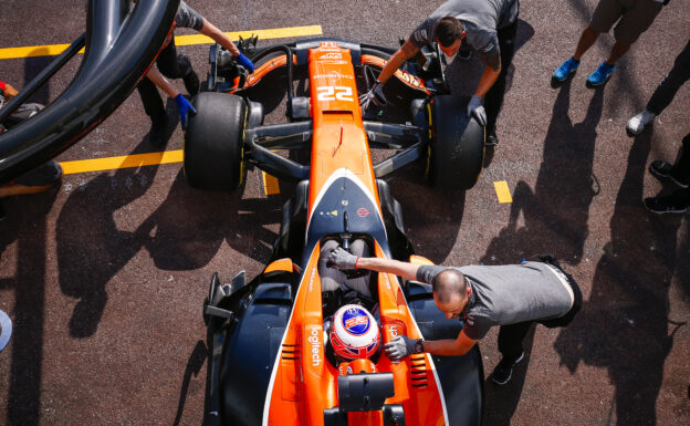 Monte Carlo, Monaco. Thursday 25 May 2017. Jenson Button, McLaren MCL32 Honda, is returned to the garage.