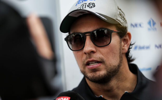 Sergio Perez (MEX) Sahara Force India F1 with the media. Spanish Grand Prix, Thursday 11th May 2017. Barcelona, Spain.