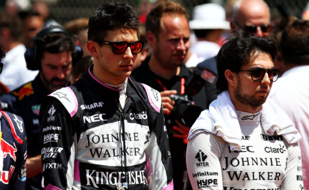 Esteban Ocon (FRA) Sahara Force India F1 Team and Sergio Perez (MEX) Sahara Force India F1, as the grid observes the national anthem. Spanish Grand Prix, Sunday 14th May 2017. Barcelona, Spain.